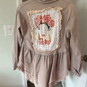 Boho Beige Jacket with Frida Kahlo Patch